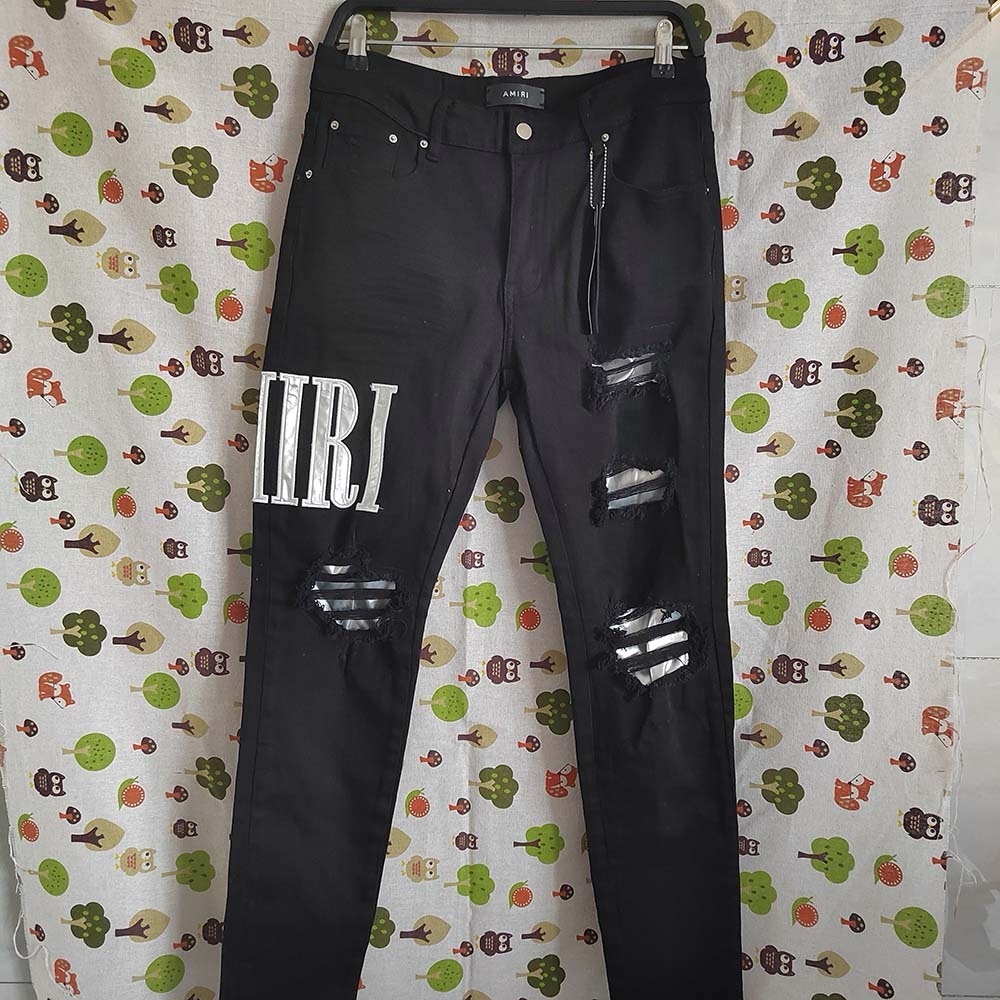 Amiri Silver Letter Logo Slim Fit Ripped Jeans